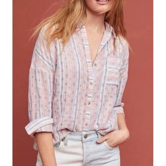 Maeve Anthropologie Breckenridge Striped Button Up Tunic Blouse Shirt SZ Medium - Picture 1 of 10